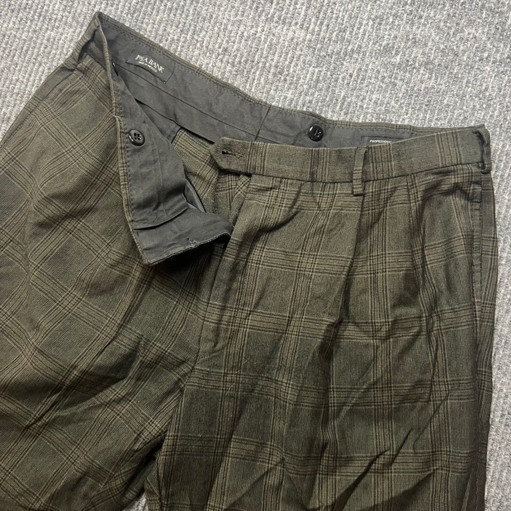 Jos A Bank Mens Double Pleated Glen Plaid Dress Pants Olive Green Cuffed 36x30